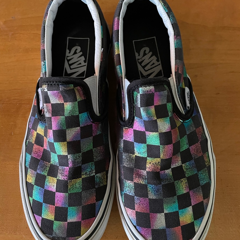 Women’s holographic check vans slip on